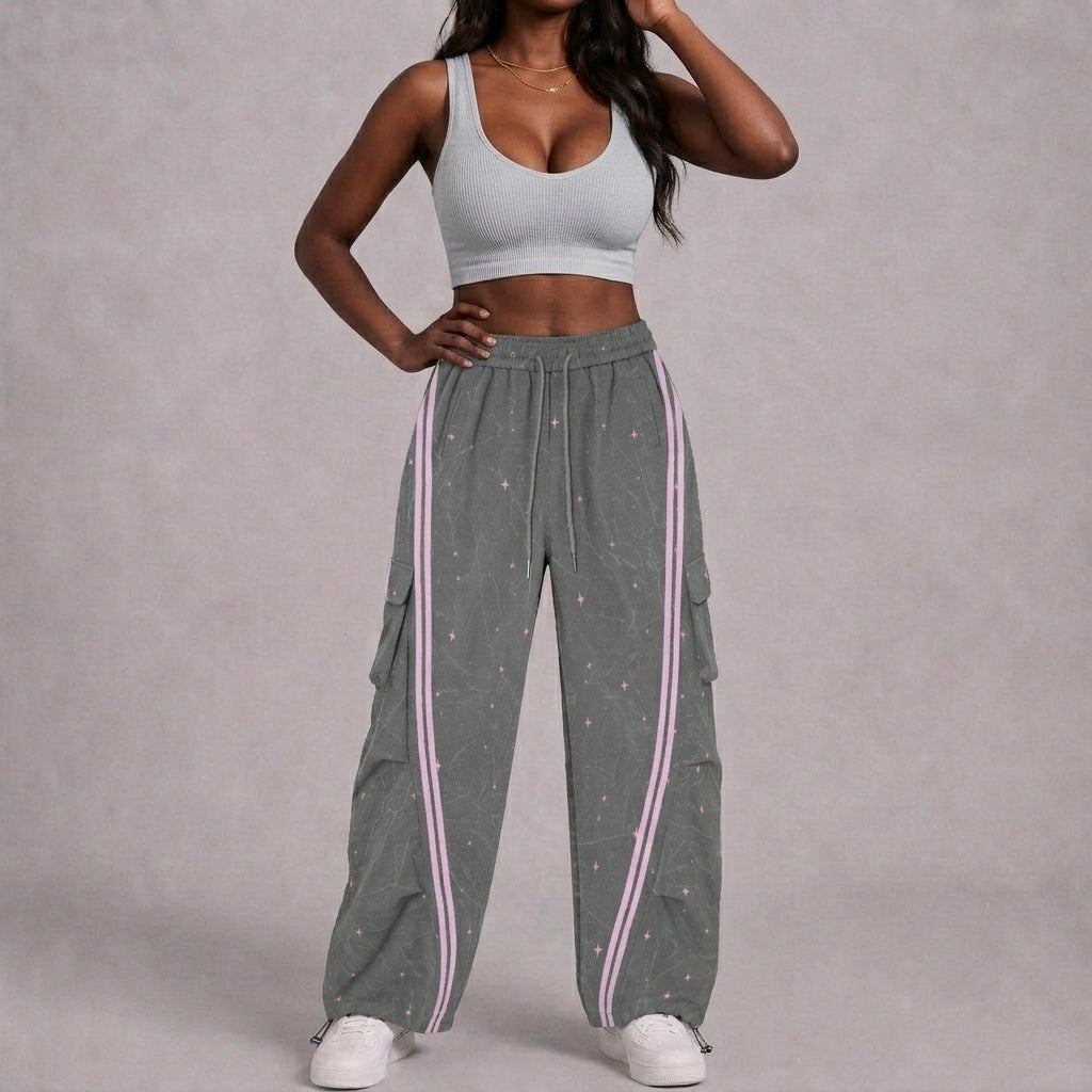 Women’s Midnight Blush Star Cargo Pants – Washed Gray Baggy Barrel Pants with Pink Racing Stripes