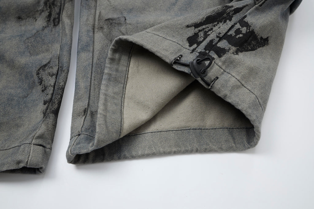 Women’s Concrete Canvas Graffiti Cargo Jeans – Washed Gray Baggy Wide-Leg Utility Denim Pants