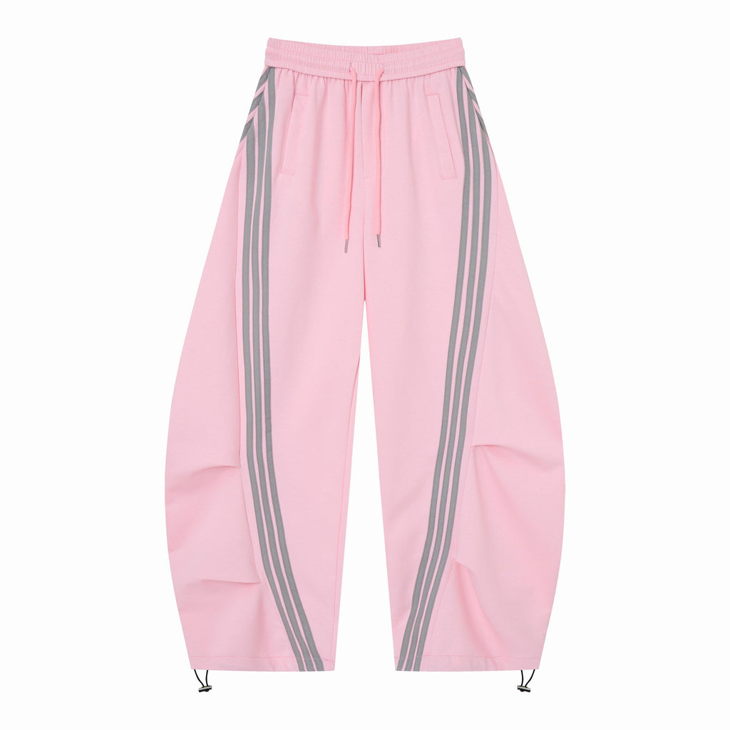 Women’s Retro Pink & Gray Striped Oversized Track Pants with Elastic Drawstring Waist