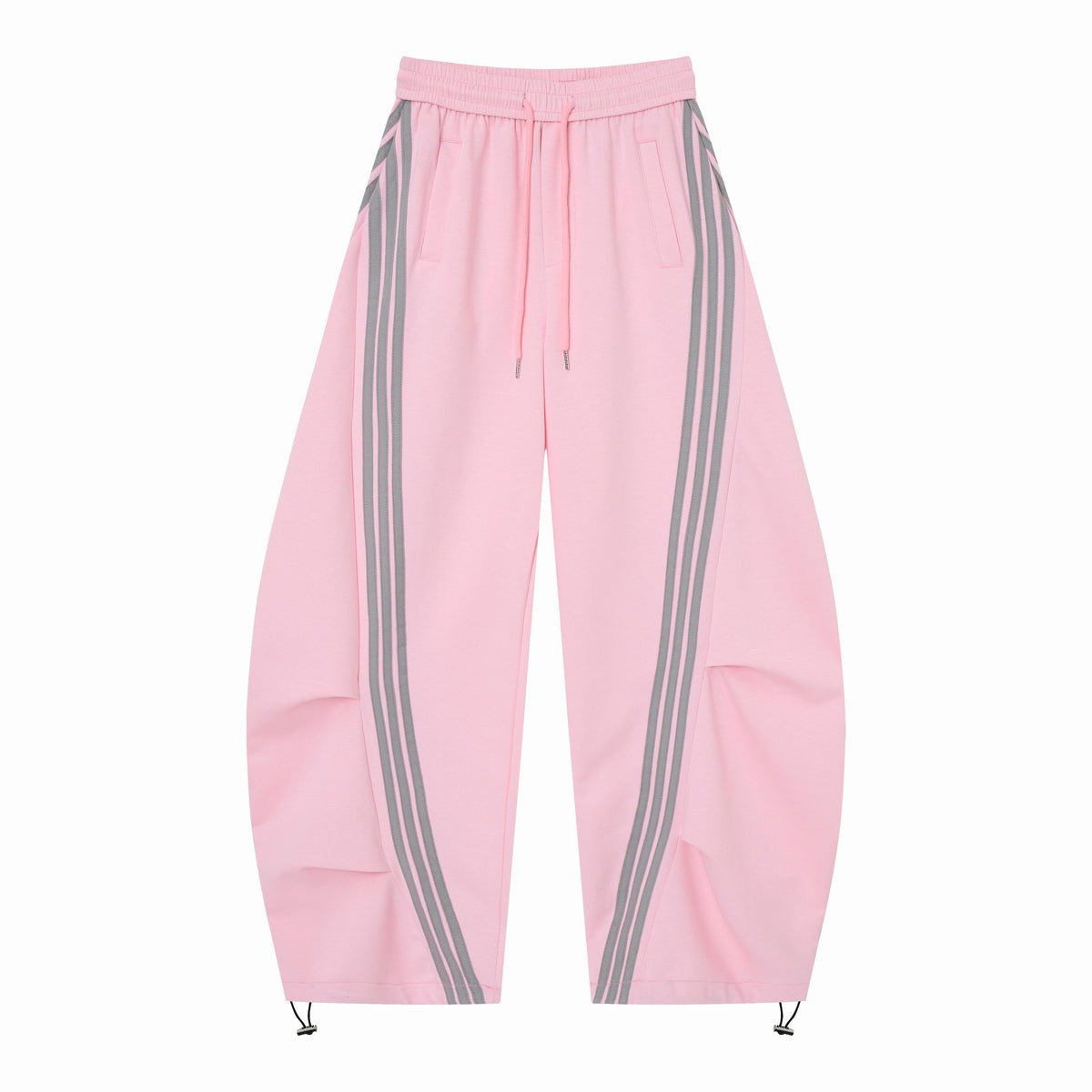 Women’s Retro Pink & Gray Striped Oversized Track Pants with Elastic Drawstring Waist
