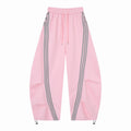 Women’s Retro Pink & Gray Striped Oversized Track Pants with Elastic Drawstring Waist