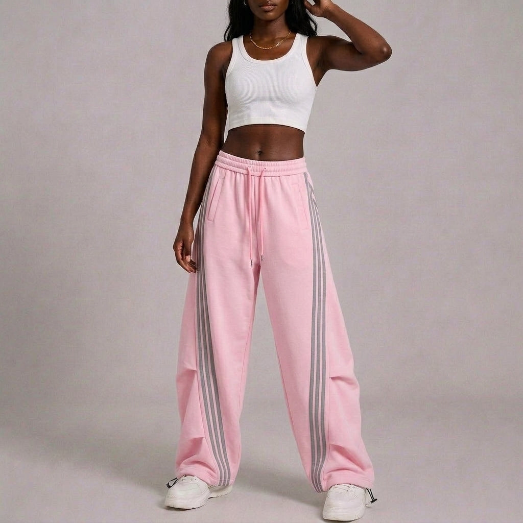Women’s Retro Pink & Gray Striped Oversized Track Pants with Elastic Drawstring Waist