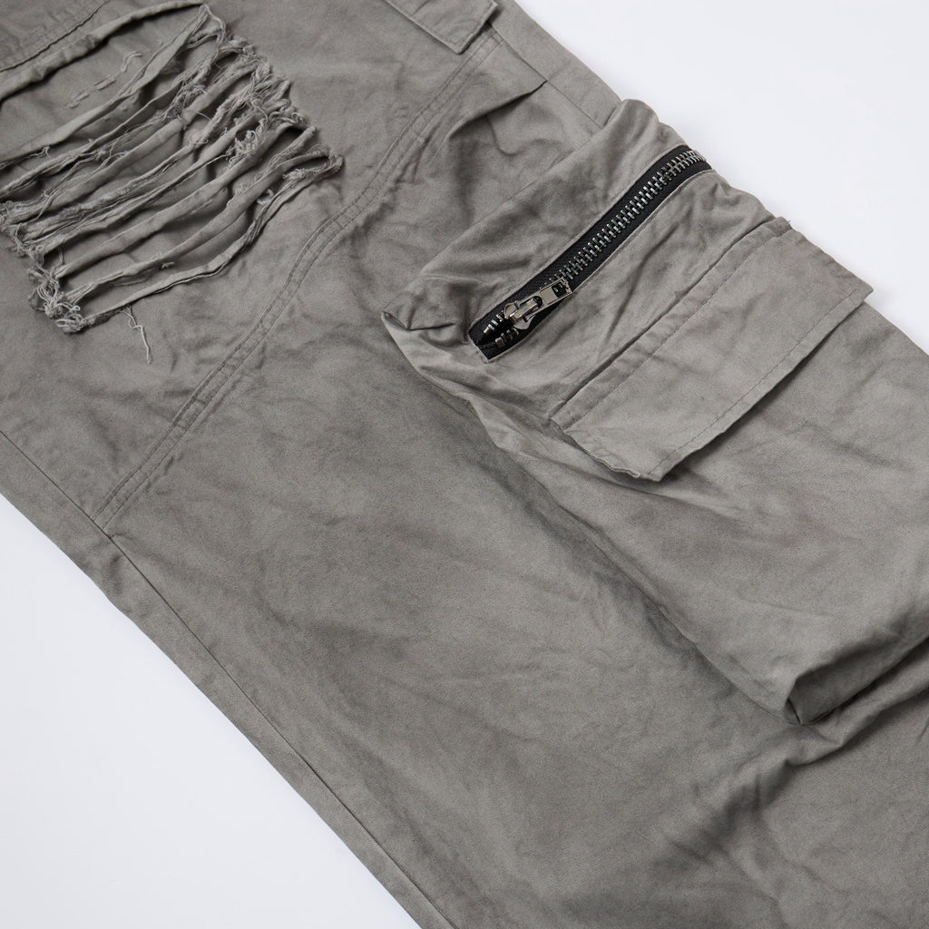 Concrete Rush Women’s Distressed Cargo Pants – Washed Gray Baggy Wide-Leg Utility Pants with Zipper Pockets