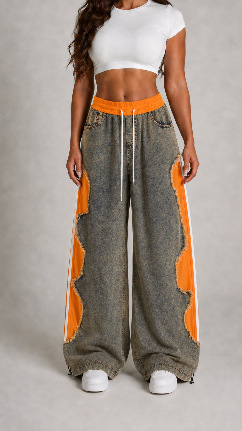 Women’s Vintage Washed Denim & Orange Panel Wide-Leg Pants with Raw-Edge Patchwork