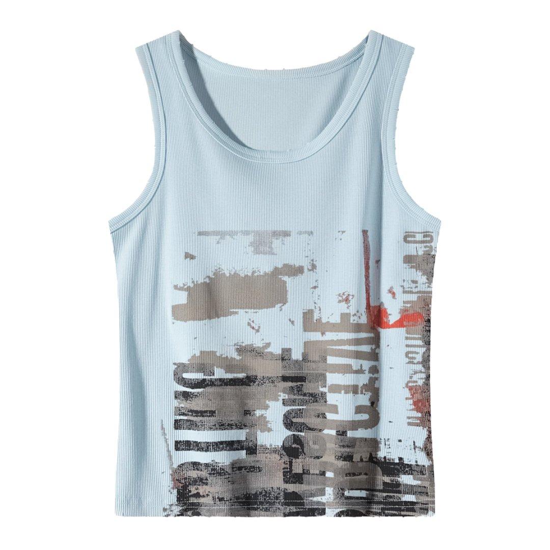 Women’s Vintage Graphic Ribbed Tank Top – Mocha Brown Y2K Streetwear Top