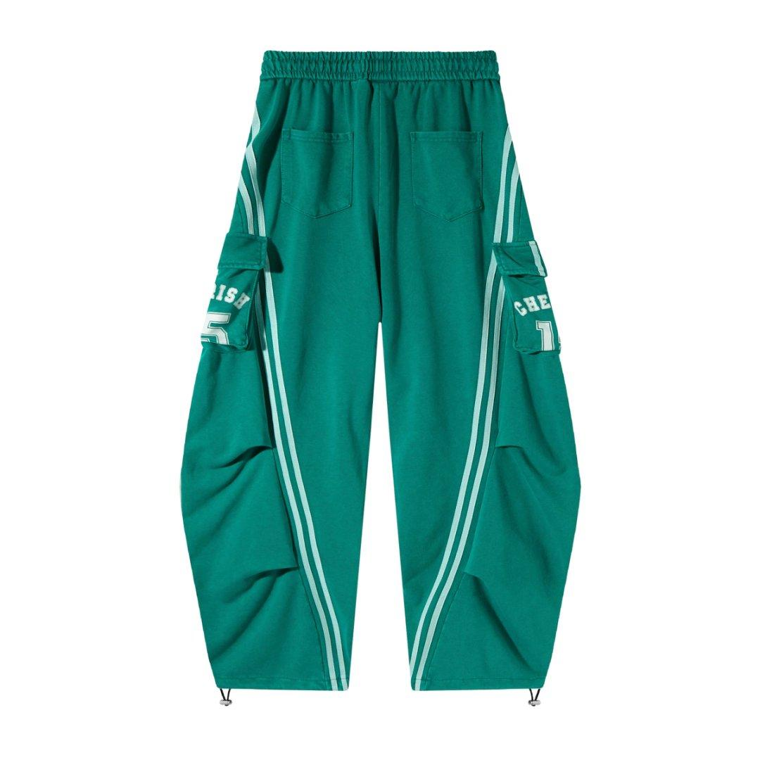 Women’s Varsity League Cargo Track Pants – Emerald Green Baggy Barrel Pants with White Racing Stripes