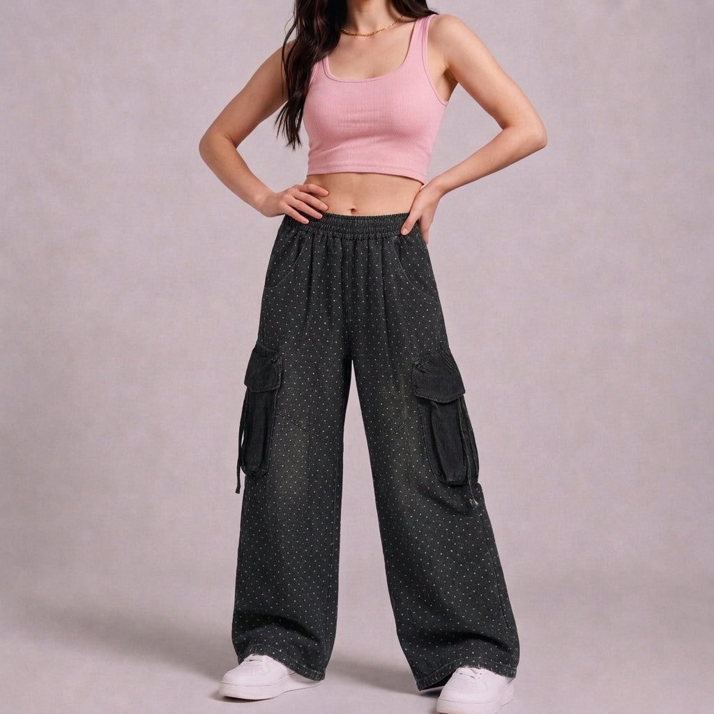Polka Wash Cargo Pants – Vintage Black Wide-Leg Utility Trousers
