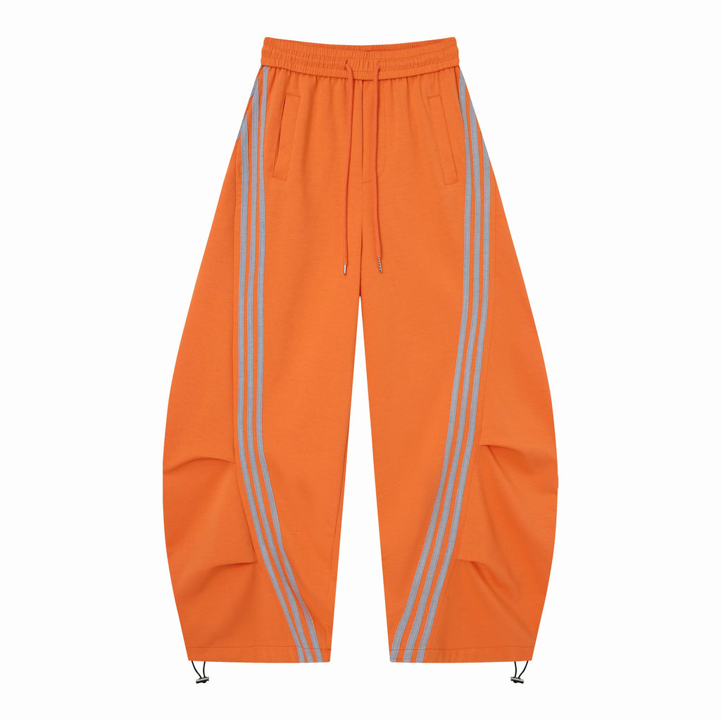 Women’s Retro Orange Striped Wide-Leg Track Pants with Adjustable Cinch Hems