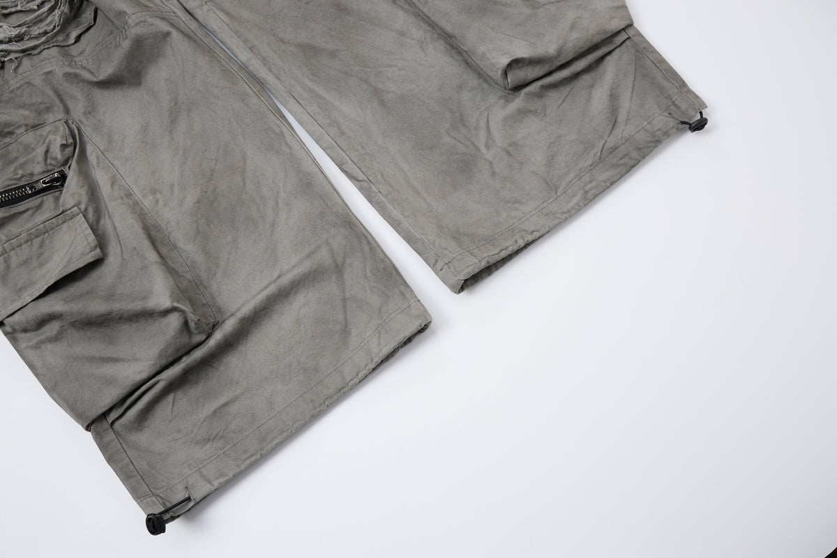 Concrete Rush Women’s Distressed Cargo Pants – Washed Gray Baggy Wide-Leg Utility Pants with Zipper Pockets