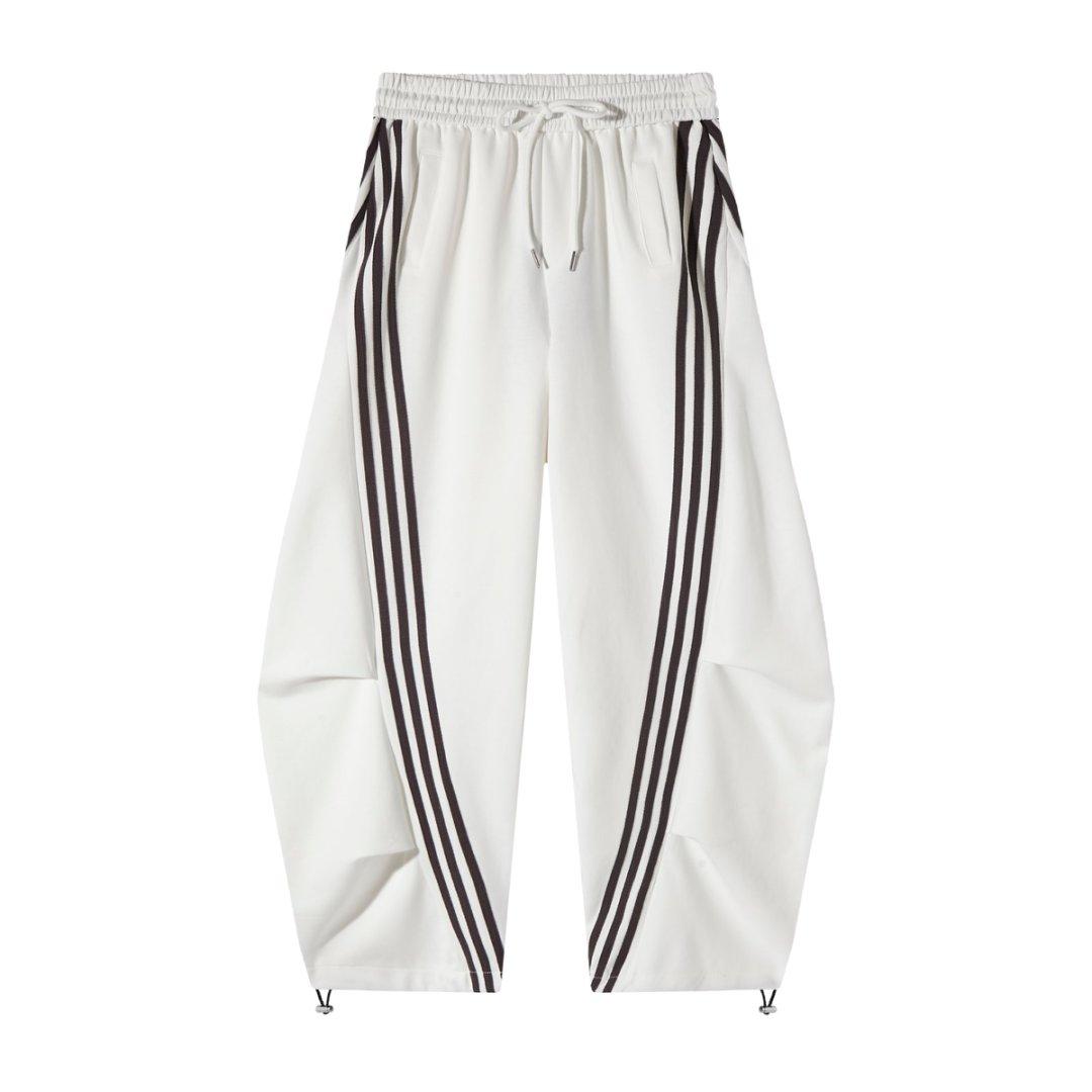 Women’s Black Curve-Stripe Parachute Pants – Oversized White Wide-Leg Streetwear Pants