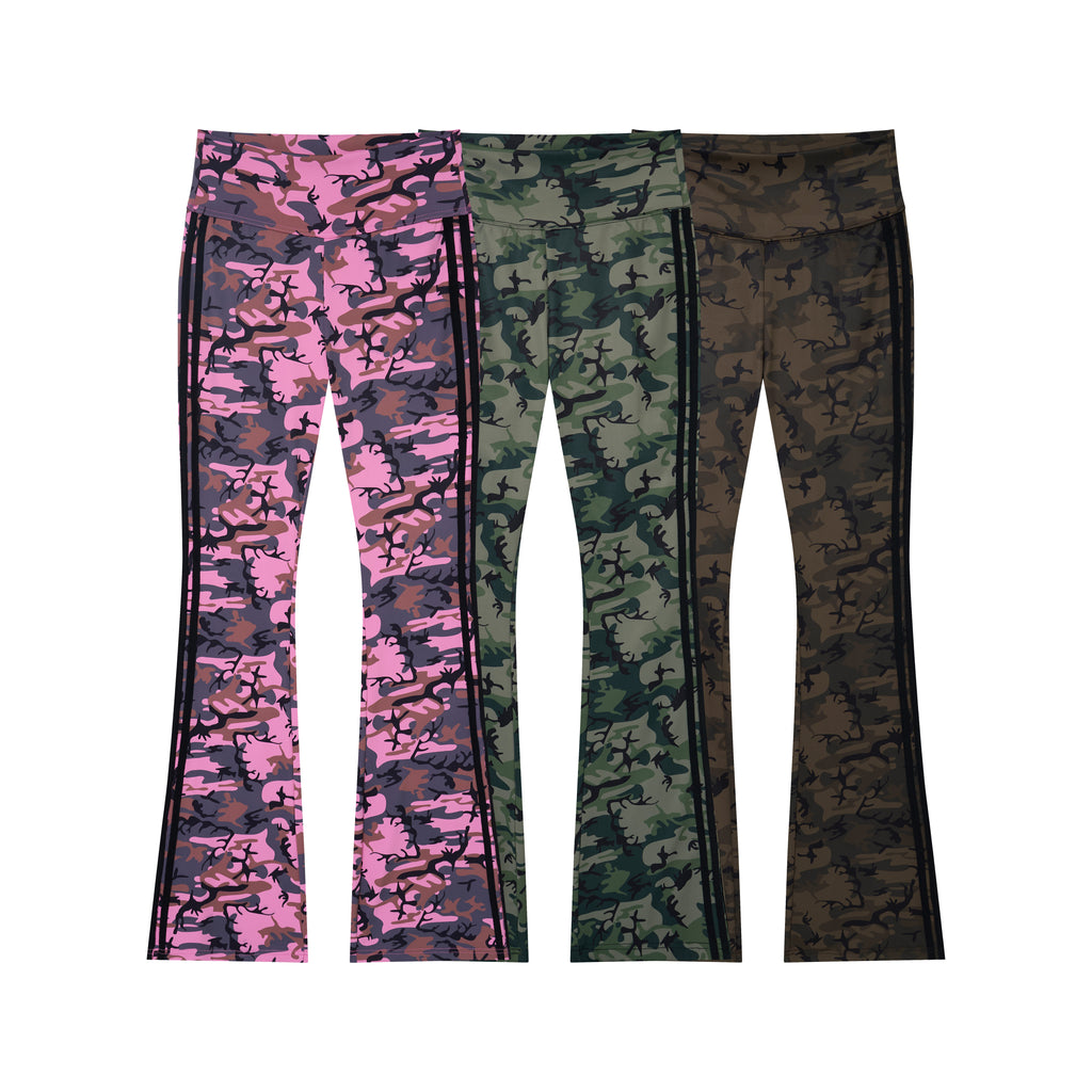 Camo Motion Women’s High-Waisted Yoga Pants – Bootcut Flare Workout Leggings with Sporty Side Stripes
