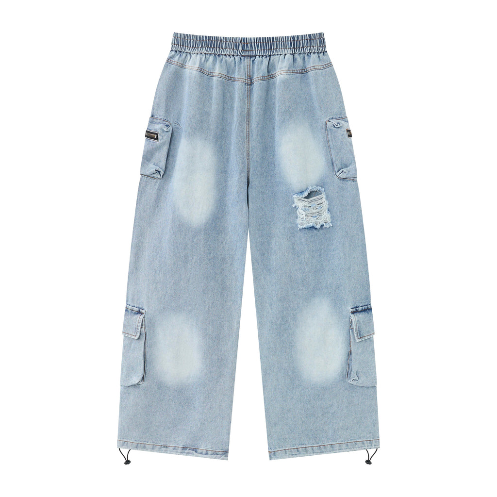 Blue Horizon Women’s Distressed Cargo Jeans – Light-Wash Baggy Wide-Leg Denim Pants with Utility Pockets