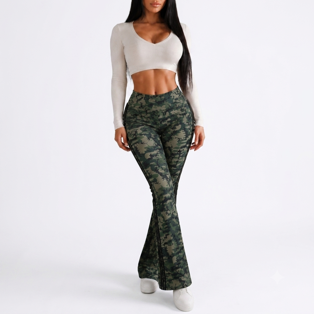 Camo Motion Women’s High-Waisted Yoga Pants – Bootcut Flare Workout Leggings with Sporty Side Stripes