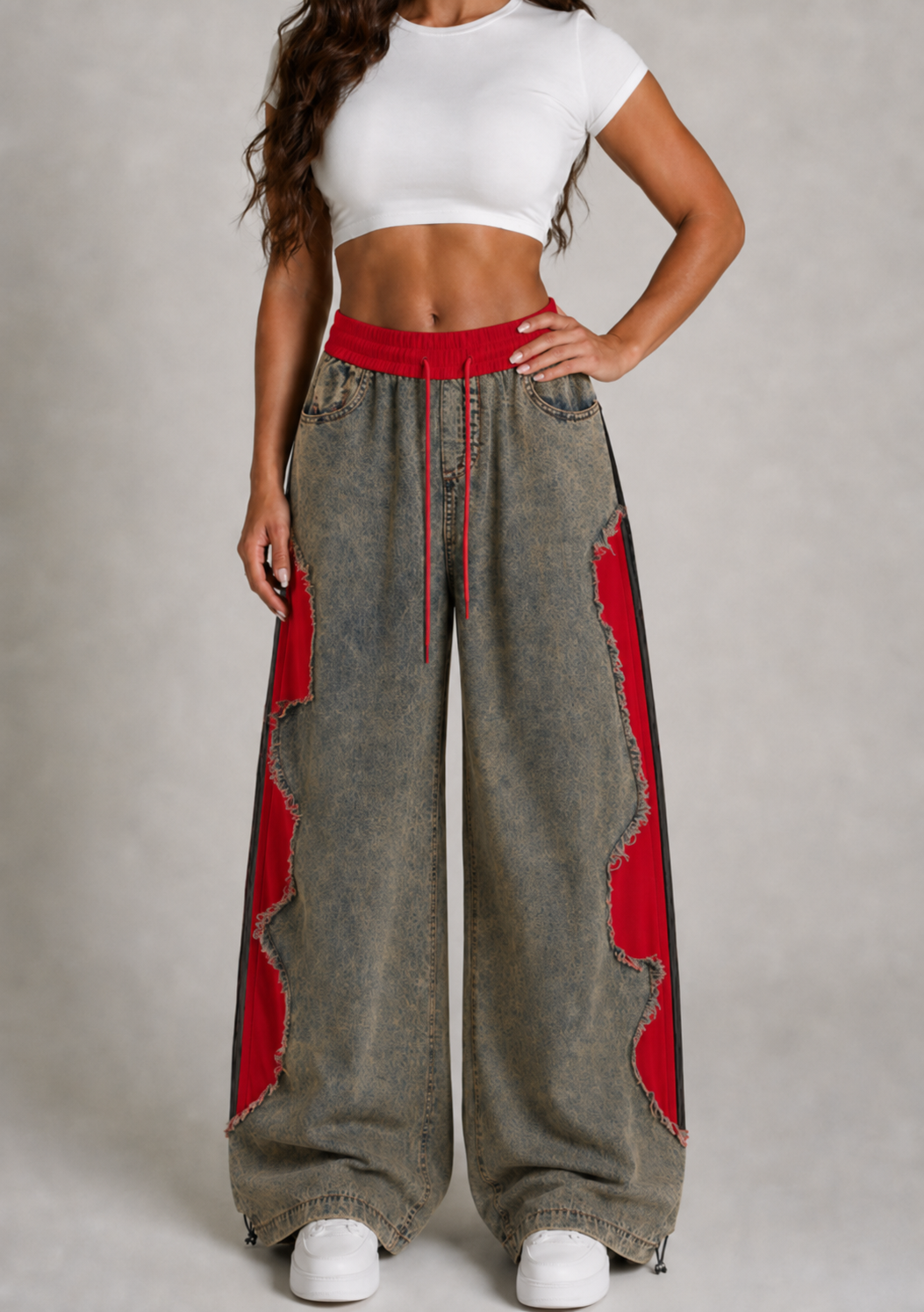 Women’s Vintage Wash Red Contrast Distressed Baggy Wide-Leg Jeans