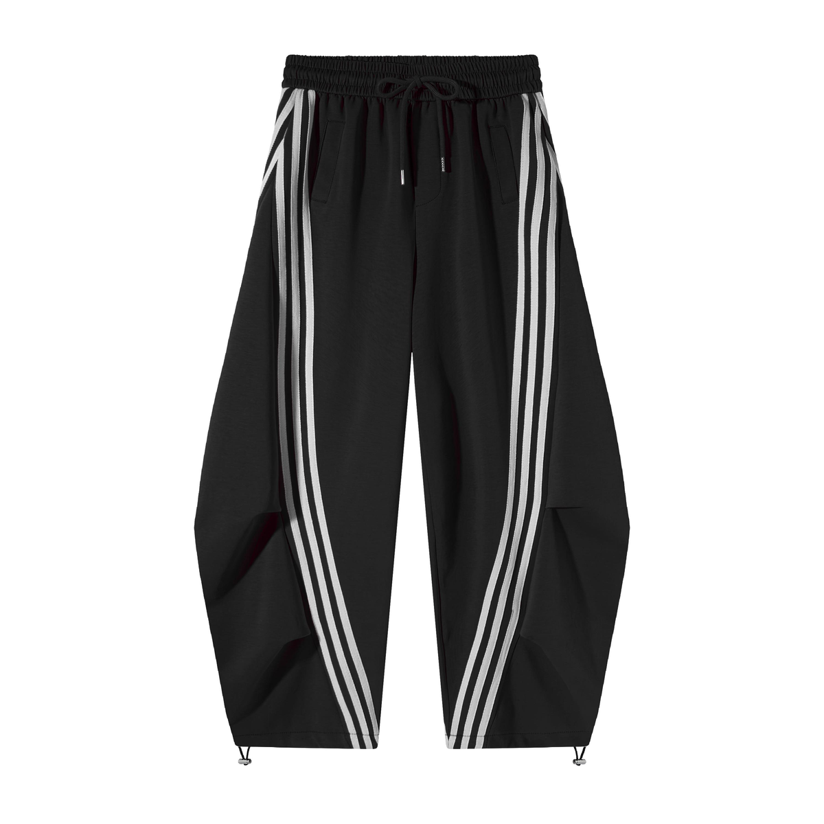Women’s Retro Black & White Striped Baggy Track Pants with Cinch Hems