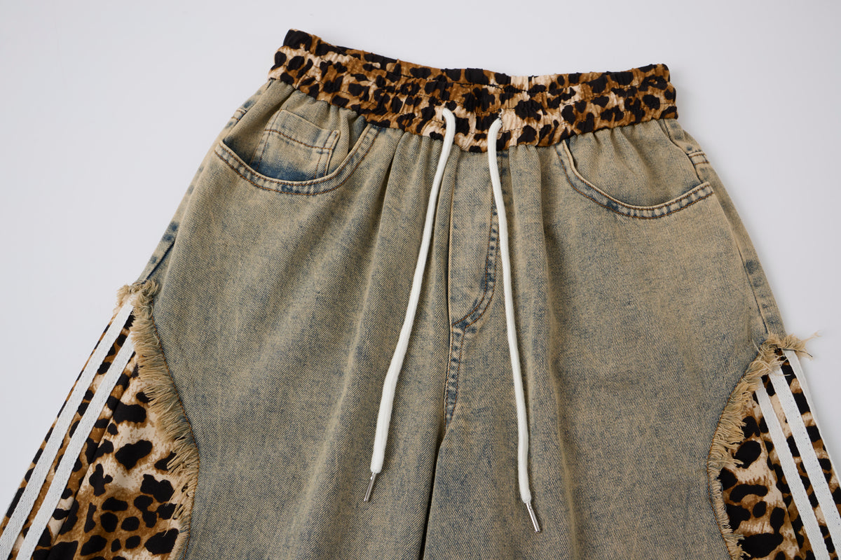 Women’s Leopard Panel Vintage-Wash Denim Track Pants – Deconstructed Baggy Straight-Leg Jeans