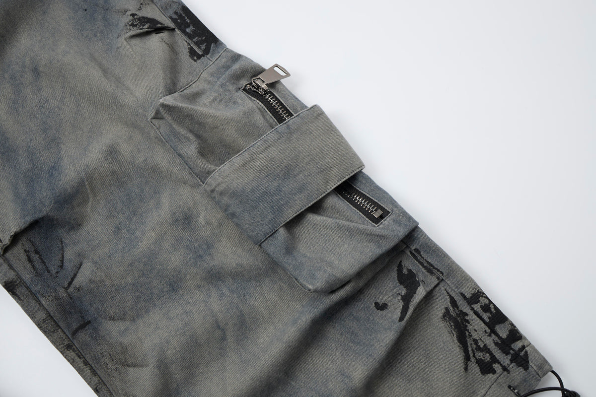 Women’s Concrete Canvas Graffiti Cargo Jeans – Washed Gray Baggy Wide-Leg Utility Denim Pants
