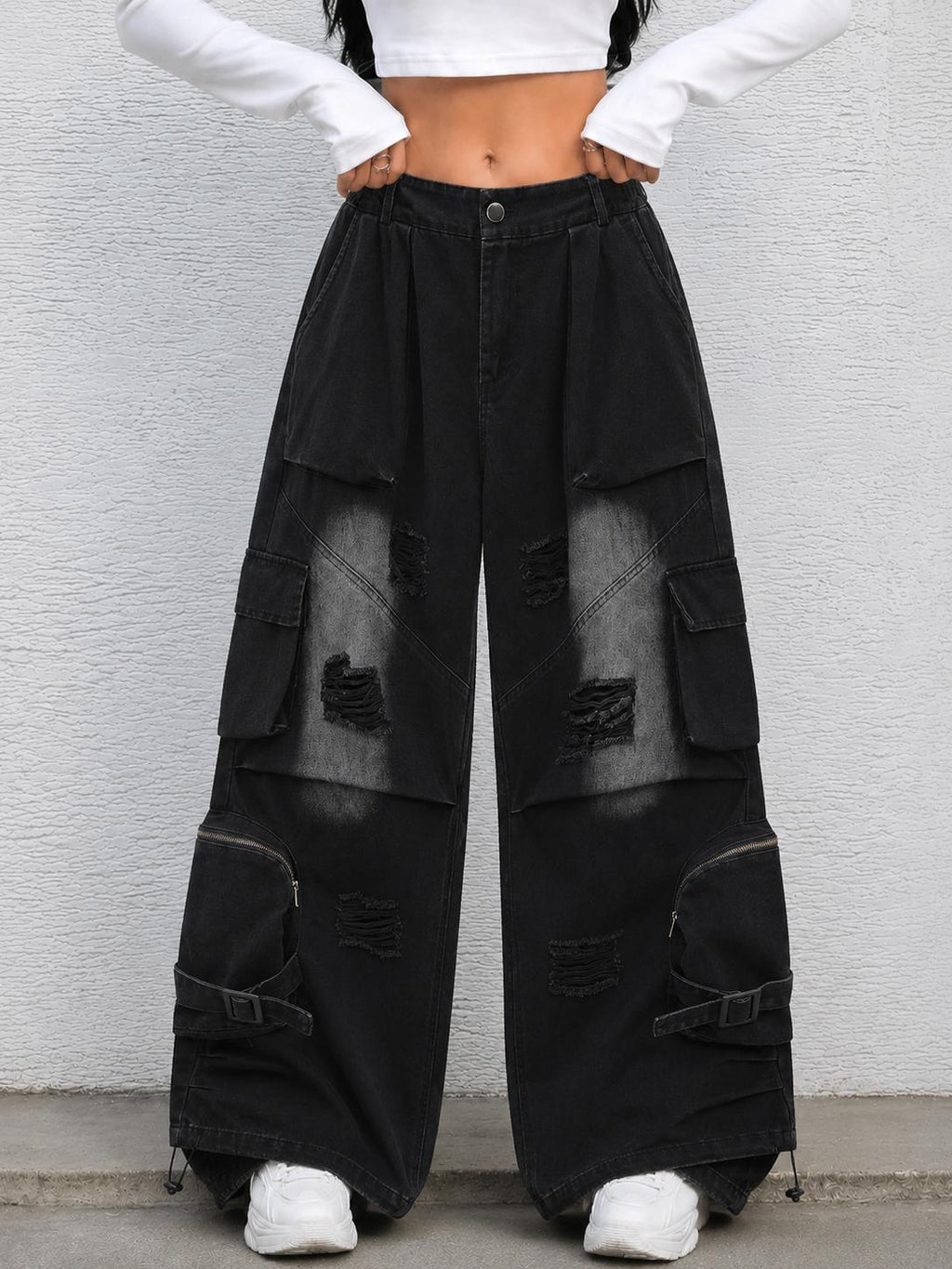 Shadow Ops Distressed Black Cargo Jeans – Relaxed Wide-Leg Utility Denim Pants with Multi-Pocket Detail
