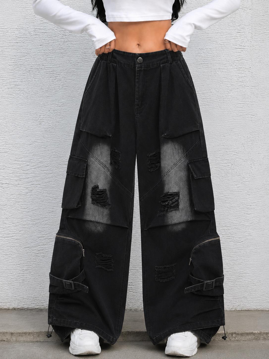 Shadow Ops Distressed Black Cargo Jeans – Relaxed Wide-Leg Utility Denim Pants with Multi-Pocket Detail