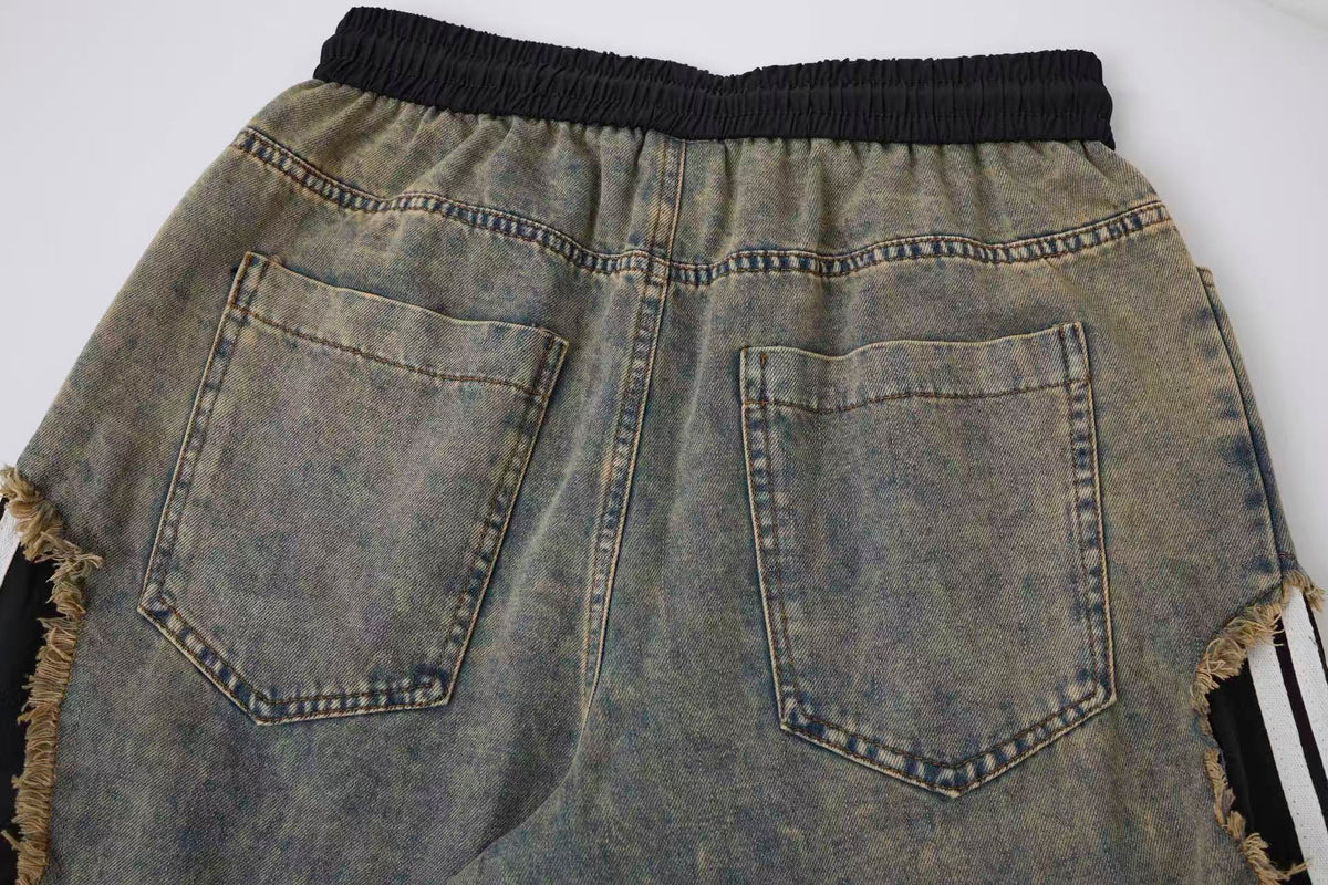 Women’s Vintage Wash Deconstructed Denim Track Pants – Black Contrast Baggy Wide-Leg Jeans (Copy)