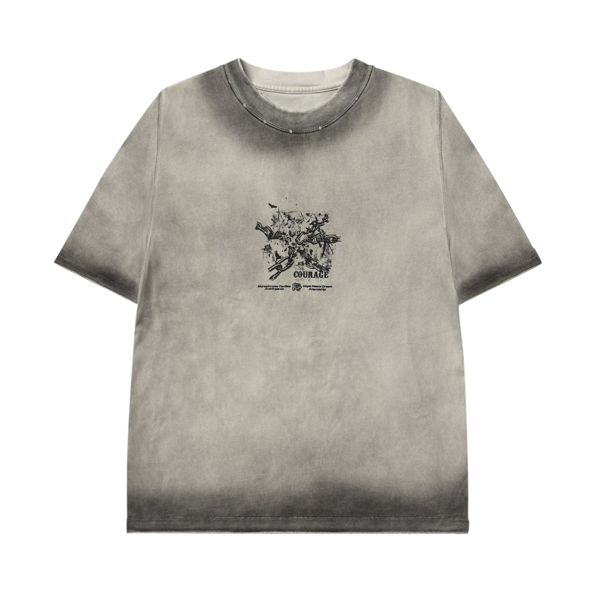 Women’s Vintage Washed Gray Courage Graphic Tee, Distressed Chain Print Crewneck Short Sleeve T-Shirt, Relaxed Fit Y2K Grunge Streetwear Top