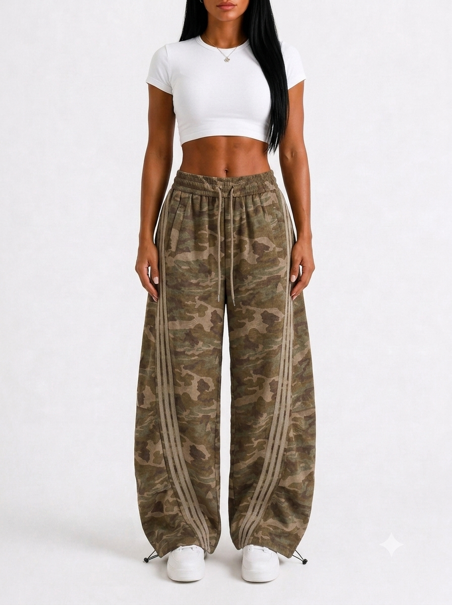 Aqua Recon Women’s Camo Track Pants – Baggy Barrel-Leg Streetwear Pants with Triple Side Stripes