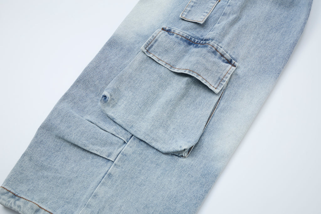 Blue Horizon Women’s Distressed Cargo Jeans – Light-Wash Baggy Wide-Leg Denim Pants with Utility Pockets