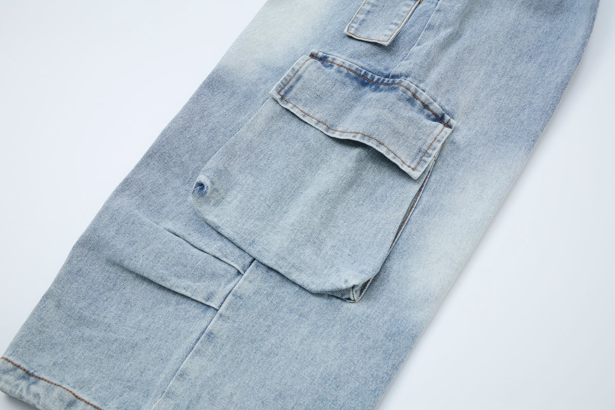 Blue Horizon Women’s Distressed Cargo Jeans – Light-Wash Baggy Wide-Leg Denim Pants with Utility Pockets
