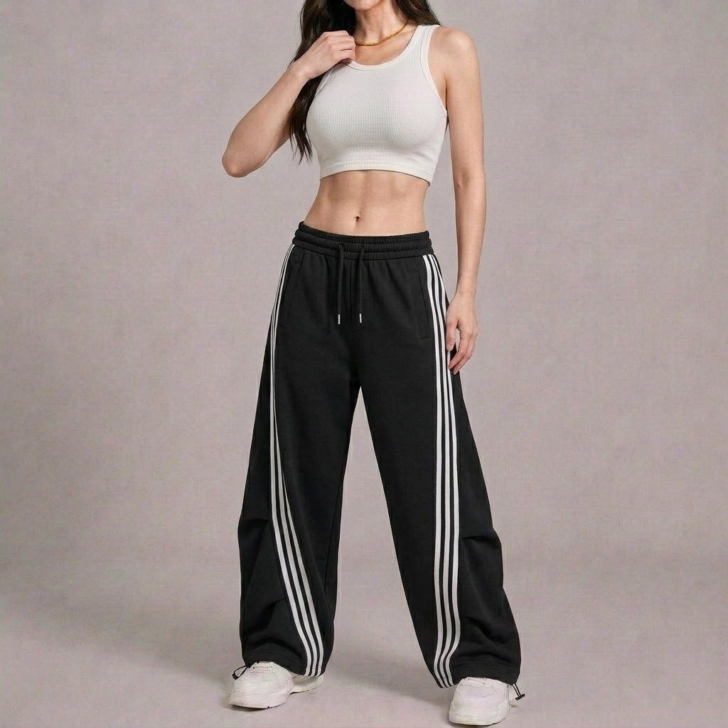 Women’s Retro Black & White Striped Baggy Track Pants with Cinch Hems