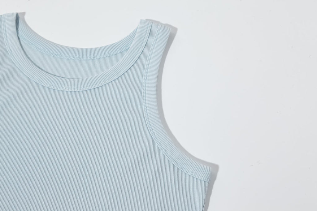 Women’s Blue Ribbed Fitted Tank Top – Sleeveless Scoop Neck Cropped Summer Basic Top