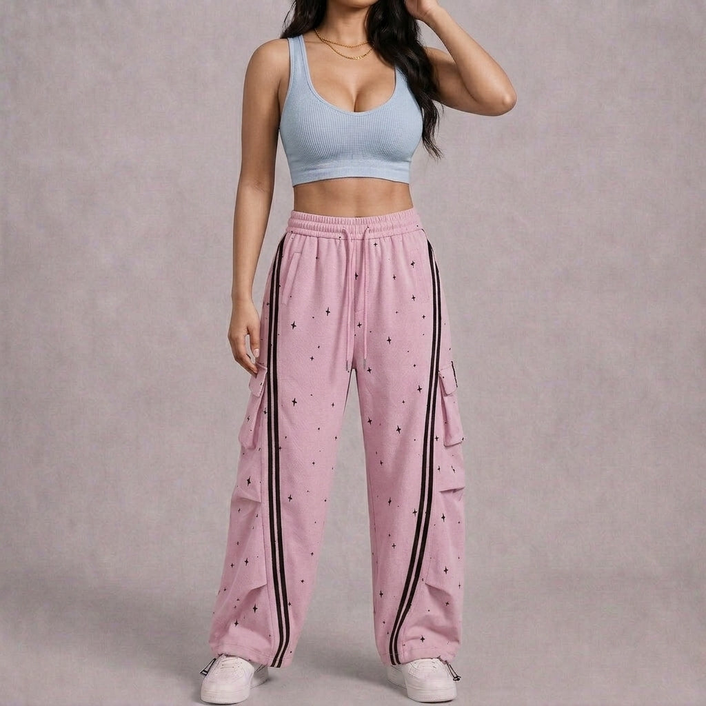 Women’s Pink Nova Star Cargo Pants – Baggy Barrel-Leg Streetwear Pants with Black Racing Stripes