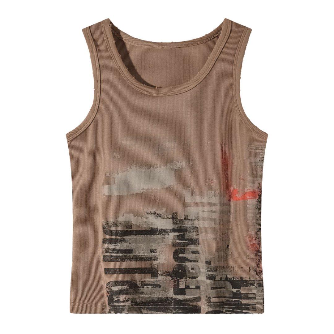 Women’s Vintage Graphic Ribbed Tank Top – Mocha Brown Y2K Streetwear Top