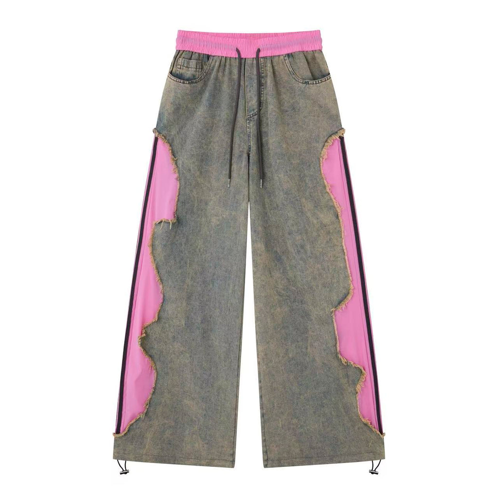 Women’s Pink Contrast Deconstructed Ultra-Baggy Wide-Leg Denim Jeans