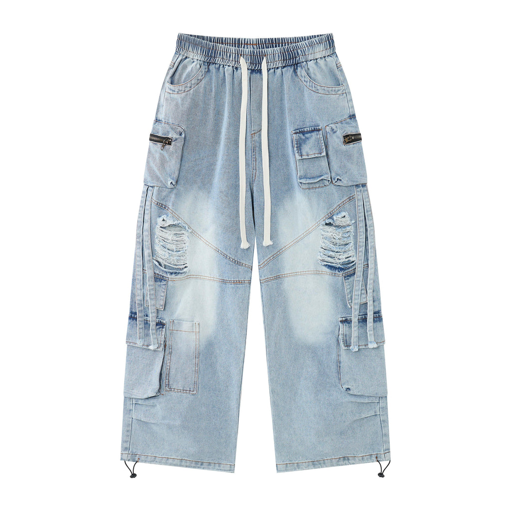 Blue Horizon Women’s Distressed Cargo Jeans – Light-Wash Baggy Wide-Leg Denim Pants with Utility Pockets