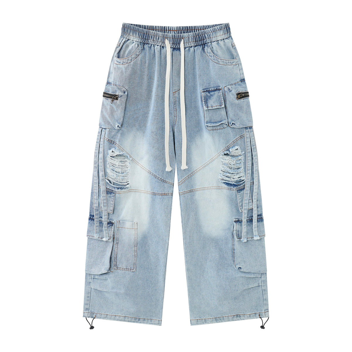 Blue Horizon Women’s Distressed Cargo Jeans – Light-Wash Baggy Wide-Leg Denim Pants with Utility Pockets