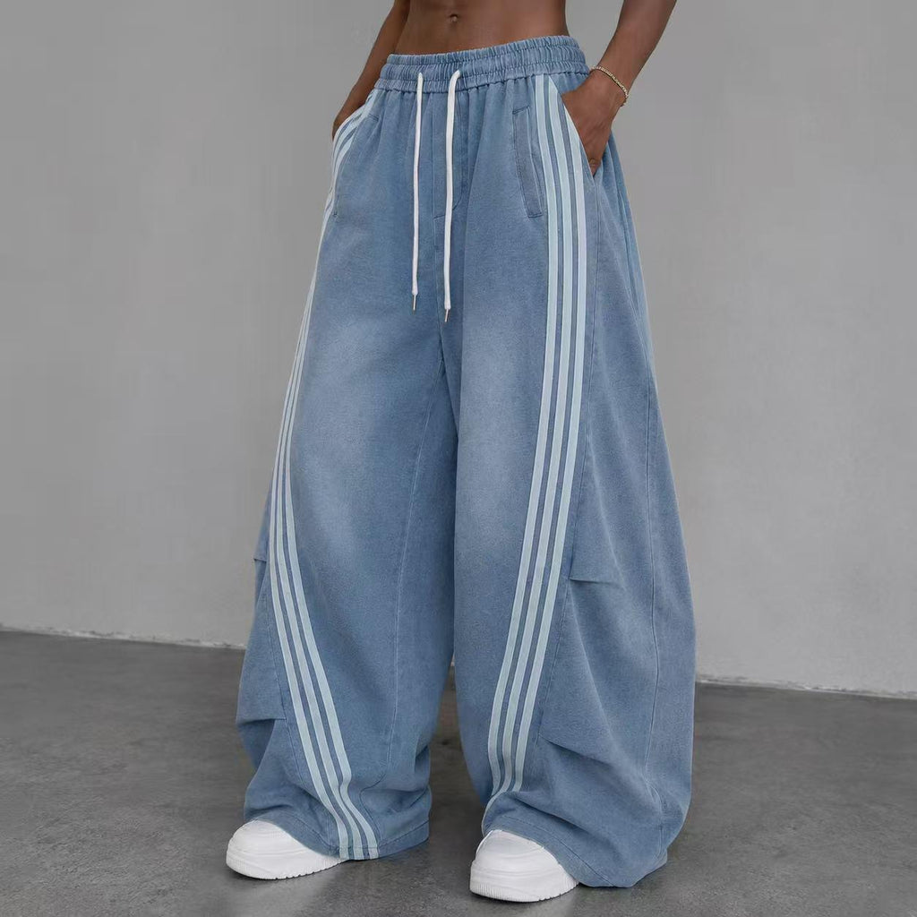 Women’s Vintage Washed Blue Triple-Stripe Baggy Wide-Leg Track Pants with Drawstring Waist and Pockets