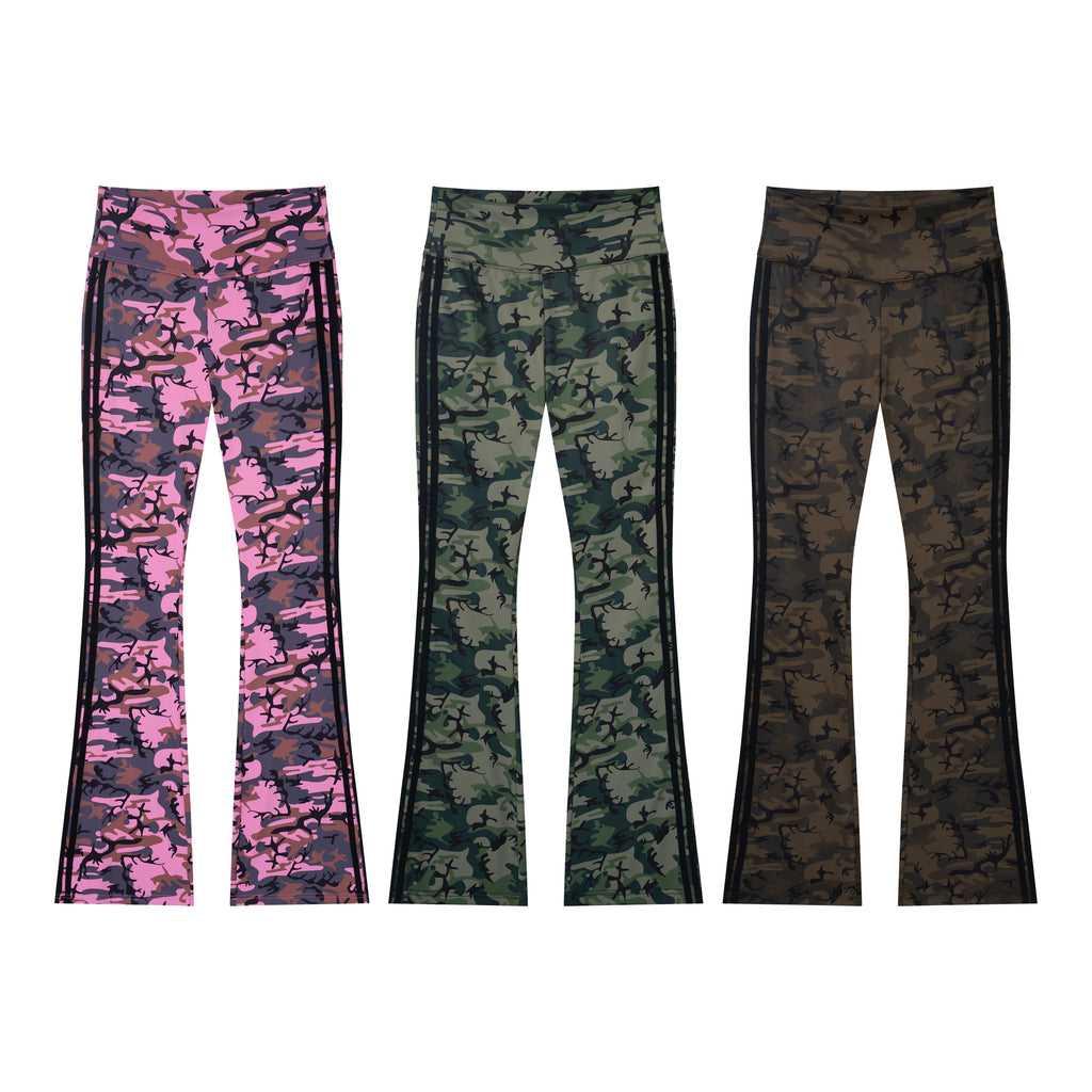 Camo Motion Women’s High-Waisted Yoga Pants – Bootcut Flare Workout Leggings with Sporty Side Stripes