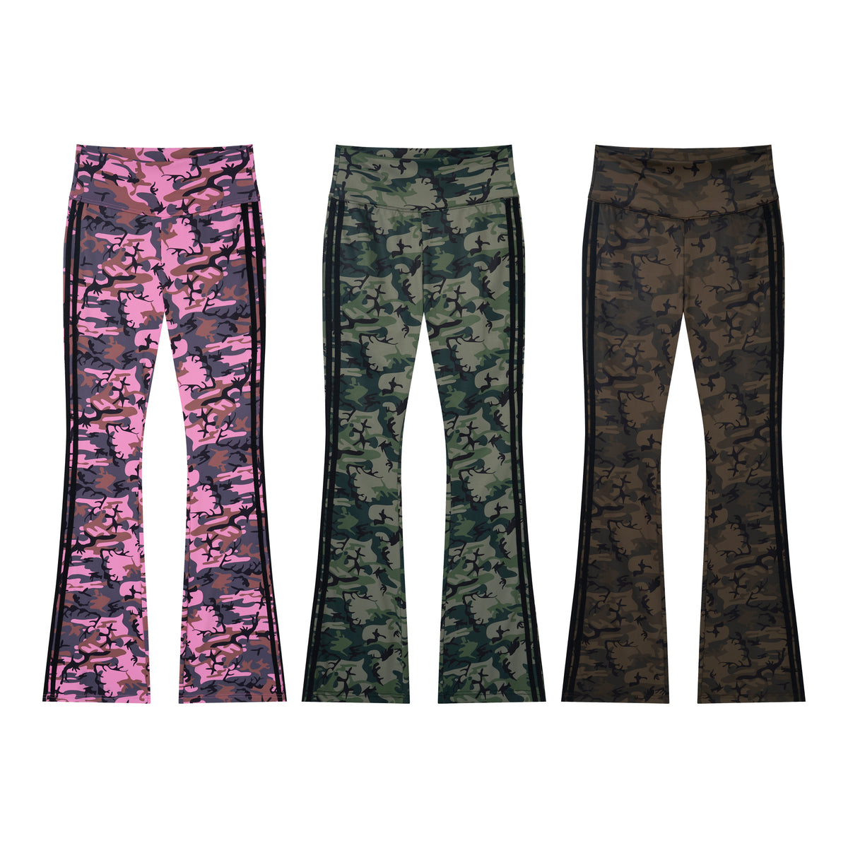 Camo Motion Women’s High-Waisted Yoga Pants – Bootcut Flare Workout Leggings with Sporty Side Stripes