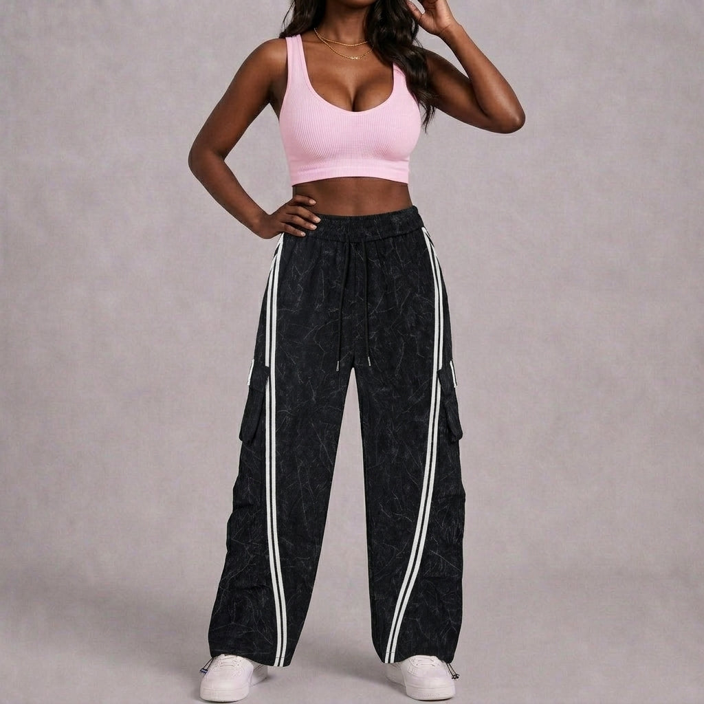 Women’s Blackout Velocity Cargo Pants – Acid-Wash Baggy Barrel Pants with White Racing Stripes