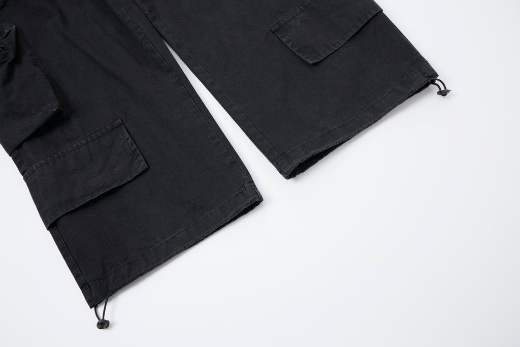 Midnight Rebel Women’s Multi-Pocket Cargo Pants – Washed Black Baggy Wide-Leg Streetwear Pants with Drawstring Waist