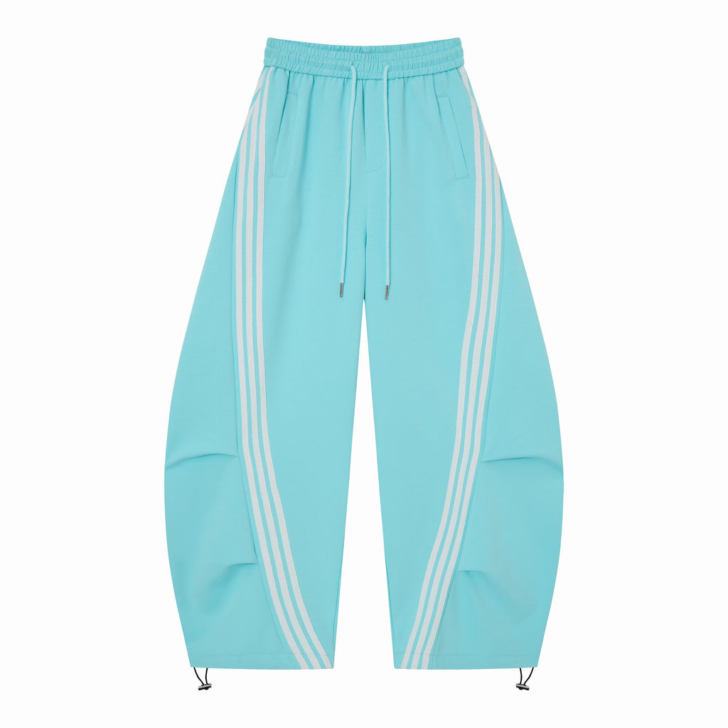 Women’s Light Blue Triple-Stripe Baggy Wide-Leg Track Pants with Drawstring Waist and Pockets