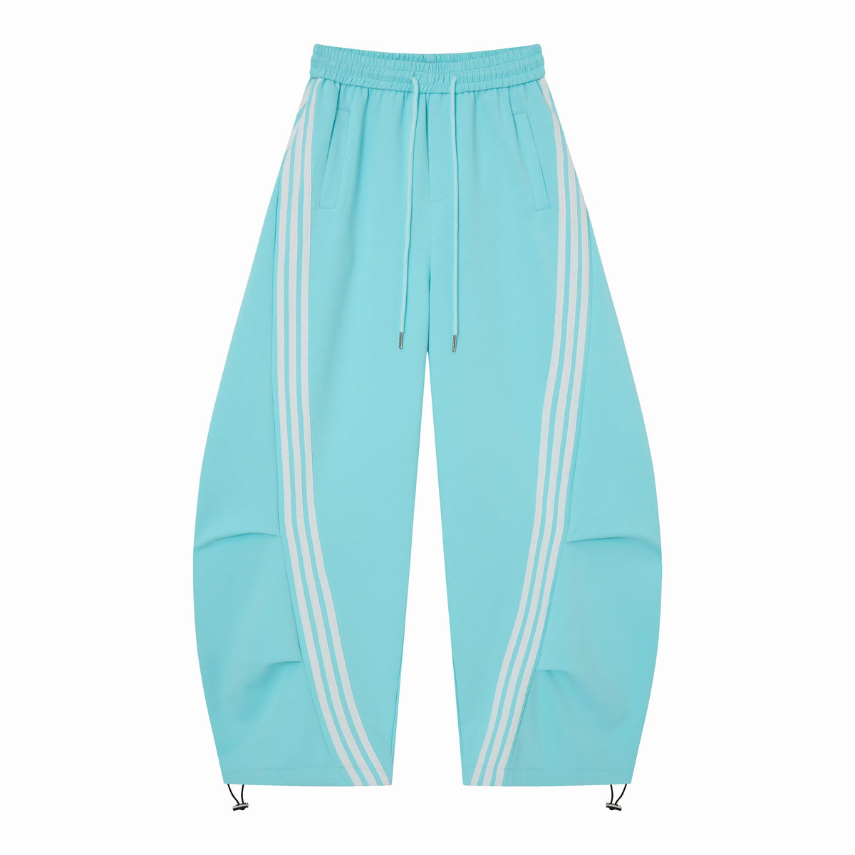 Women’s Light Blue Triple-Stripe Baggy Wide-Leg Track Pants with Drawstring Waist and Pockets
