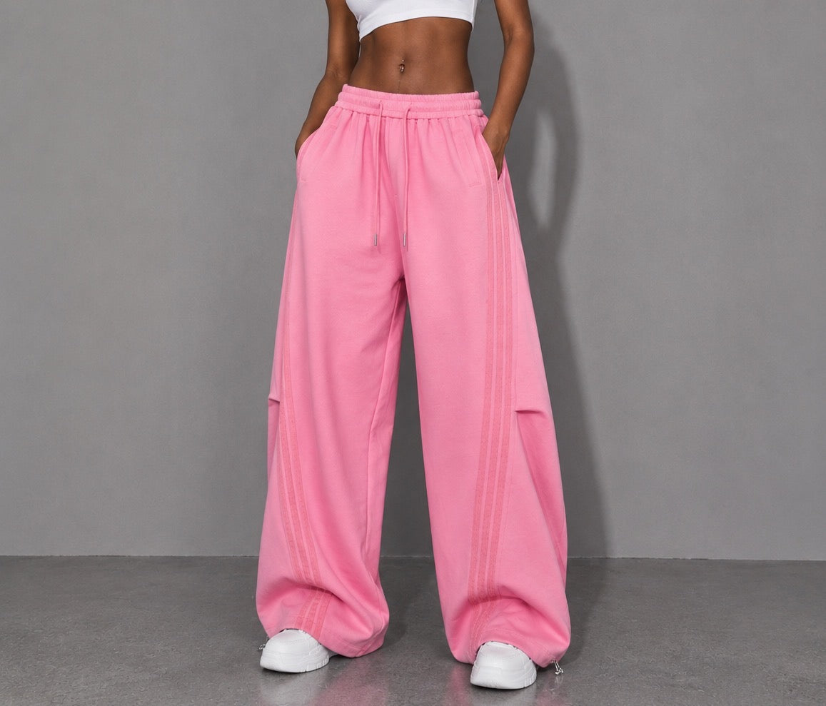 2026 New Women's Pink American‑Style Side Stripe Casual Pants, Streetwear Patchwork Draped Wide‑Leg Sweatpants