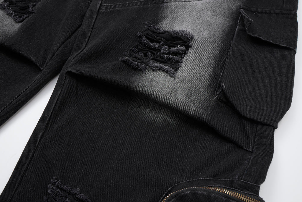 Shadow Ops Distressed Black Cargo Jeans – Relaxed Wide-Leg Utility Denim Pants with Multi-Pocket Detail