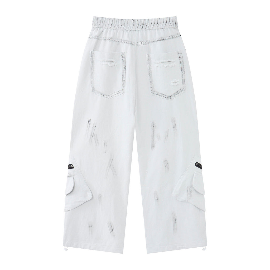 Women’s Arctic Rebel Distressed Cargo Jeans – White Baggy Wide-Leg Denim Pants with Zipper Details