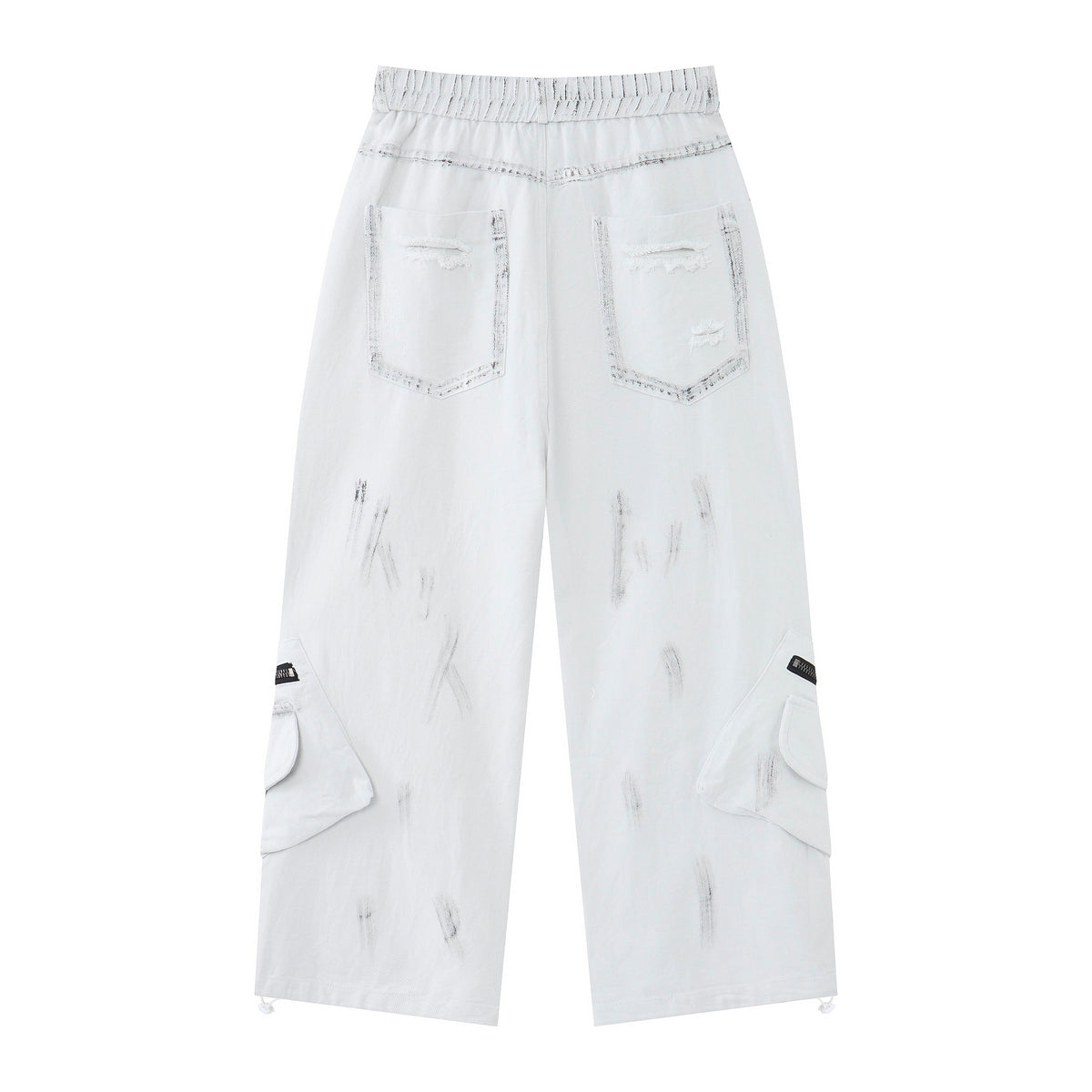 Women’s Arctic Rebel Distressed Cargo Jeans – White Baggy Wide-Leg Denim Pants with Zipper Details