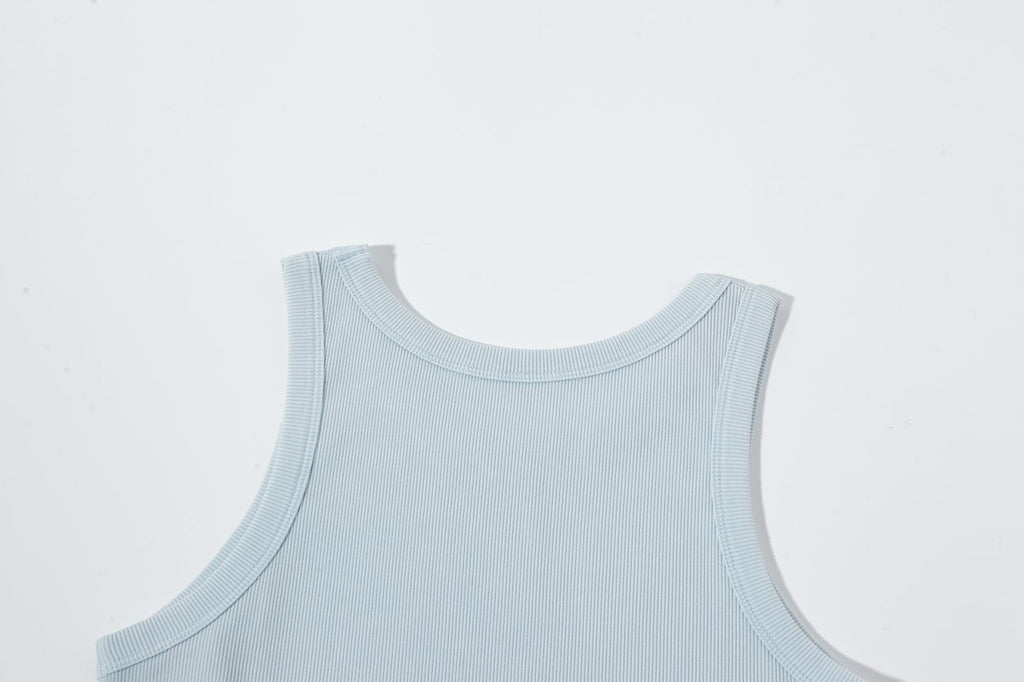 Women’s Blue Ribbed Fitted Tank Top – Sleeveless Scoop Neck Cropped Summer Basic Top