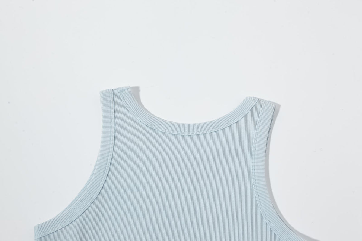 Women’s Blue Ribbed Fitted Tank Top – Sleeveless Scoop Neck Cropped Summer Basic Top