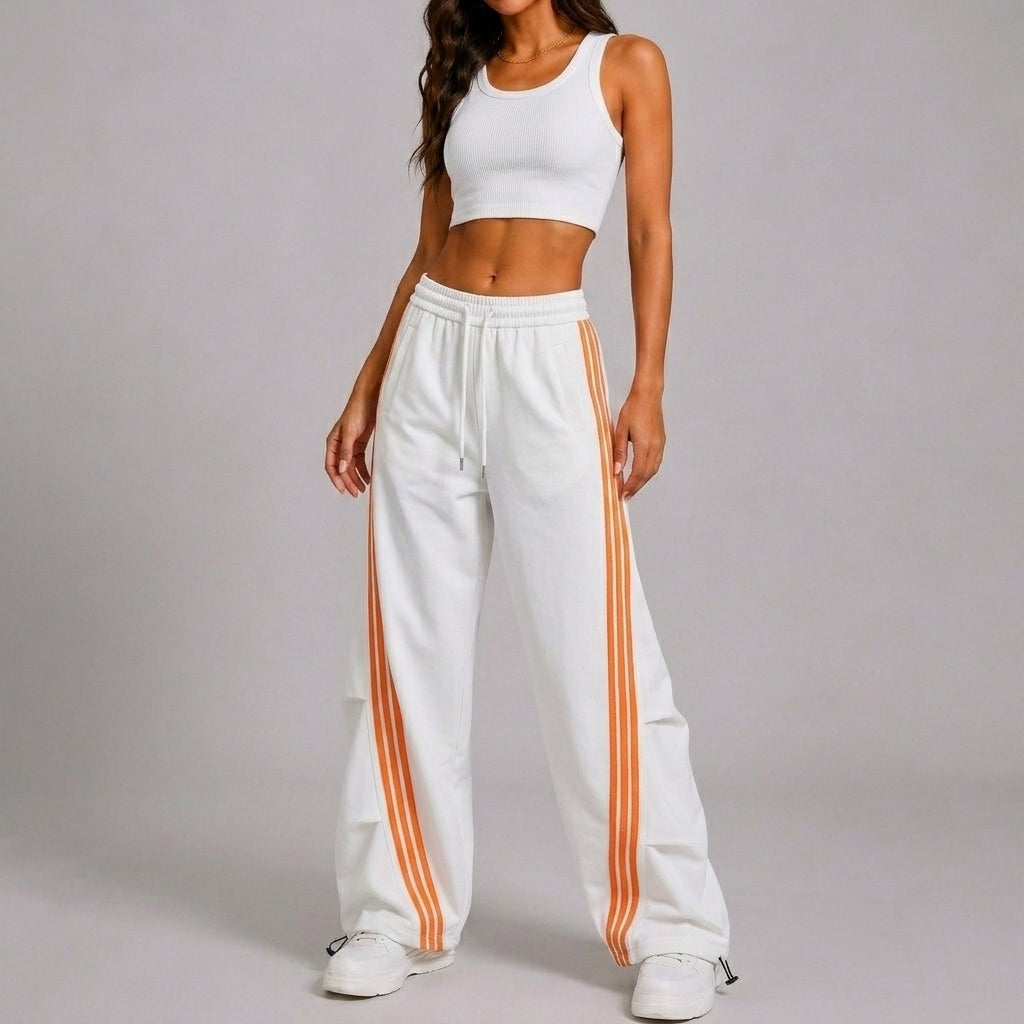 Women’s Retro Orange Striped Wide-Leg Track Pants – High-Waisted Baggy Drawstring Sweatpants with Adjustable Cinch Hems