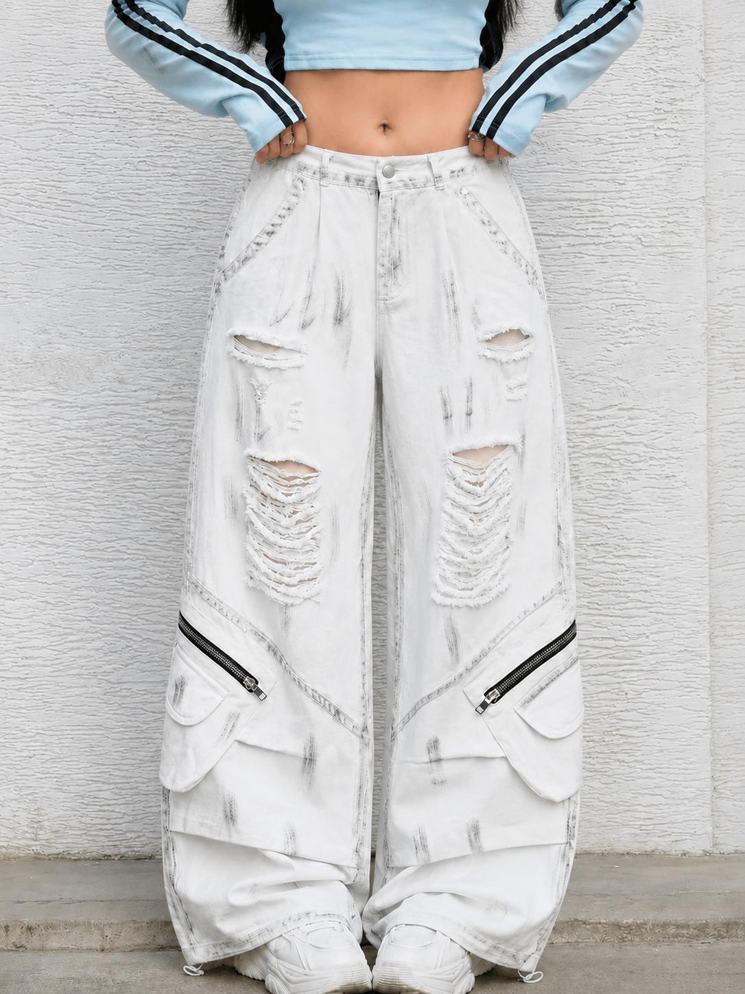 Women’s Arctic Rebel Distressed Cargo Jeans – White Baggy Wide-Leg Denim Pants with Zipper Details